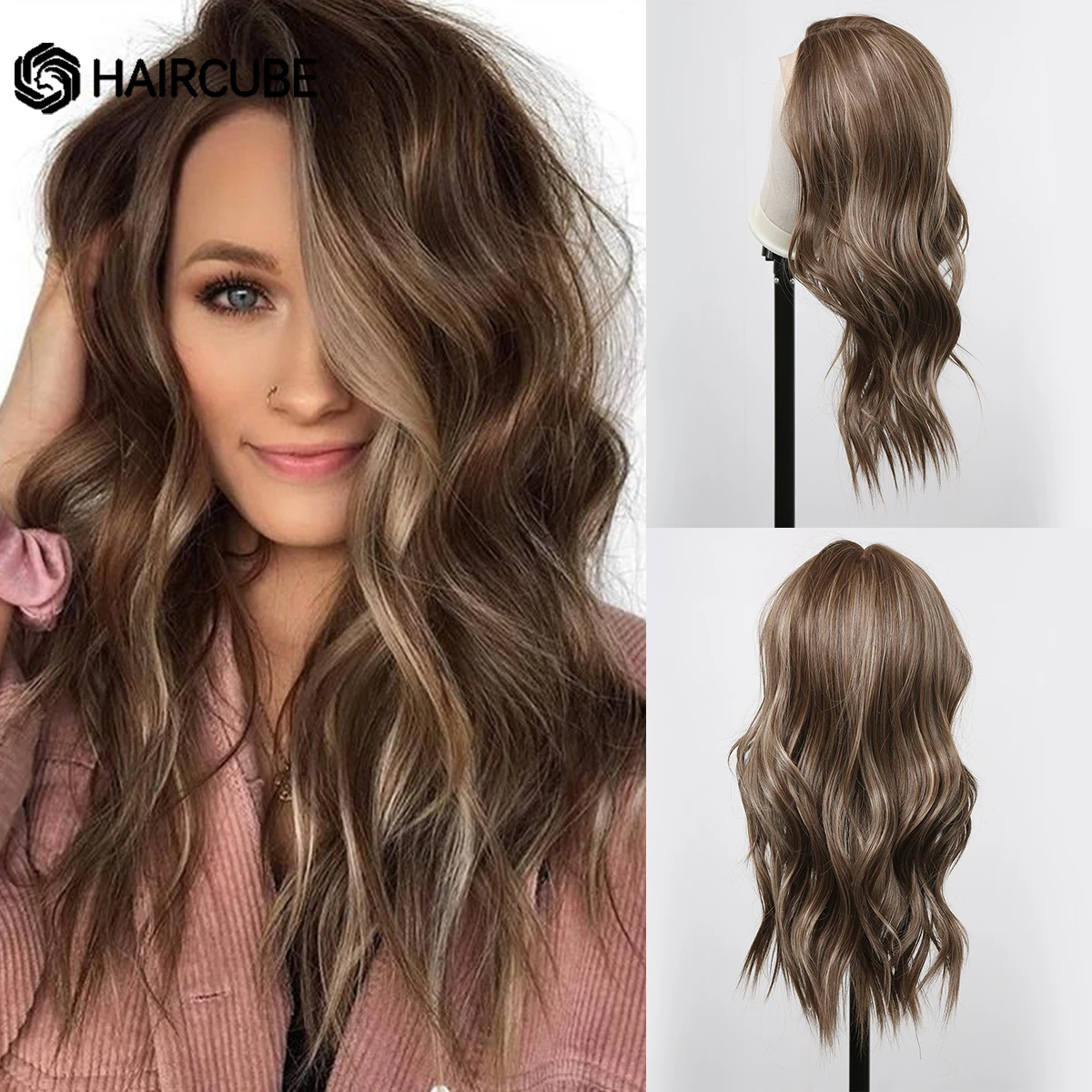 

HAIRCUBE Long Wavy Lace Synthetic Wigs Brown Lace Front Wigs for Women Natural Middle Part Cosplay Daily Wigs Heat Resistant Wig