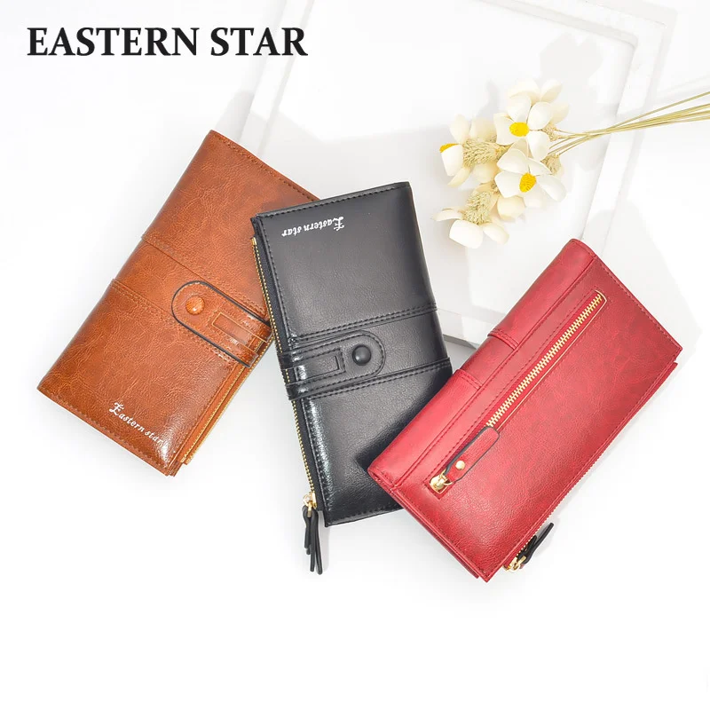 

2021 New Women's Wallet Oil Wax Solid Color Long Handbag Large Capacity Multi clip Change Pocket Wallet