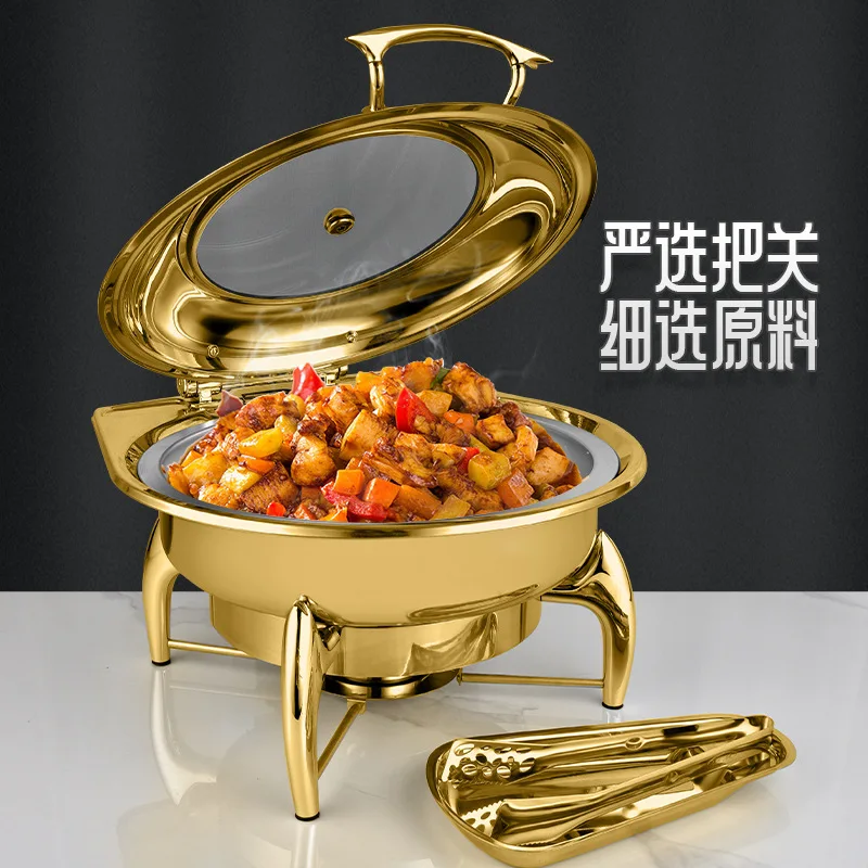

Stainless steel gold-plated buffet stove, commercial hotel restaurant circular heating and insulation furnace, hydraulic transpa