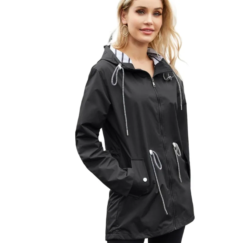 Waterproof Raincoat Womens Casual Basic Outdoors Trench Classic Zipper Long Windbreaker Outdoor Climbing Hooded Tops