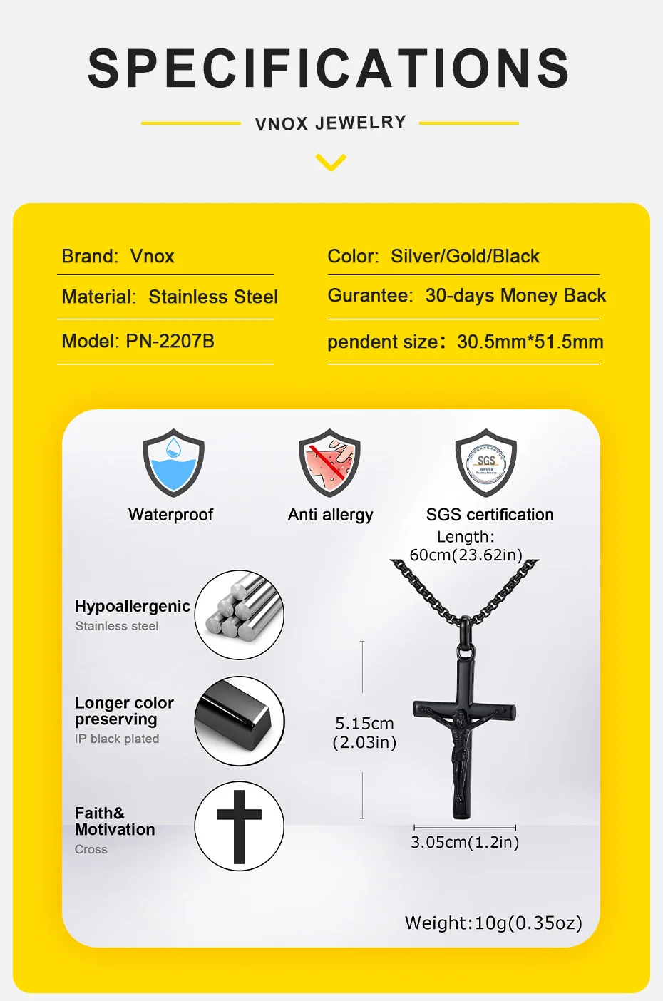 Wasserdichte Kruzifix-Kreuz-Halskette für Männer und Jungen, katholische Kreuz-Anhänger-Halskette aus Edelstahl, religiöser Glaube, Schmuck, Geschenk – Detail 5