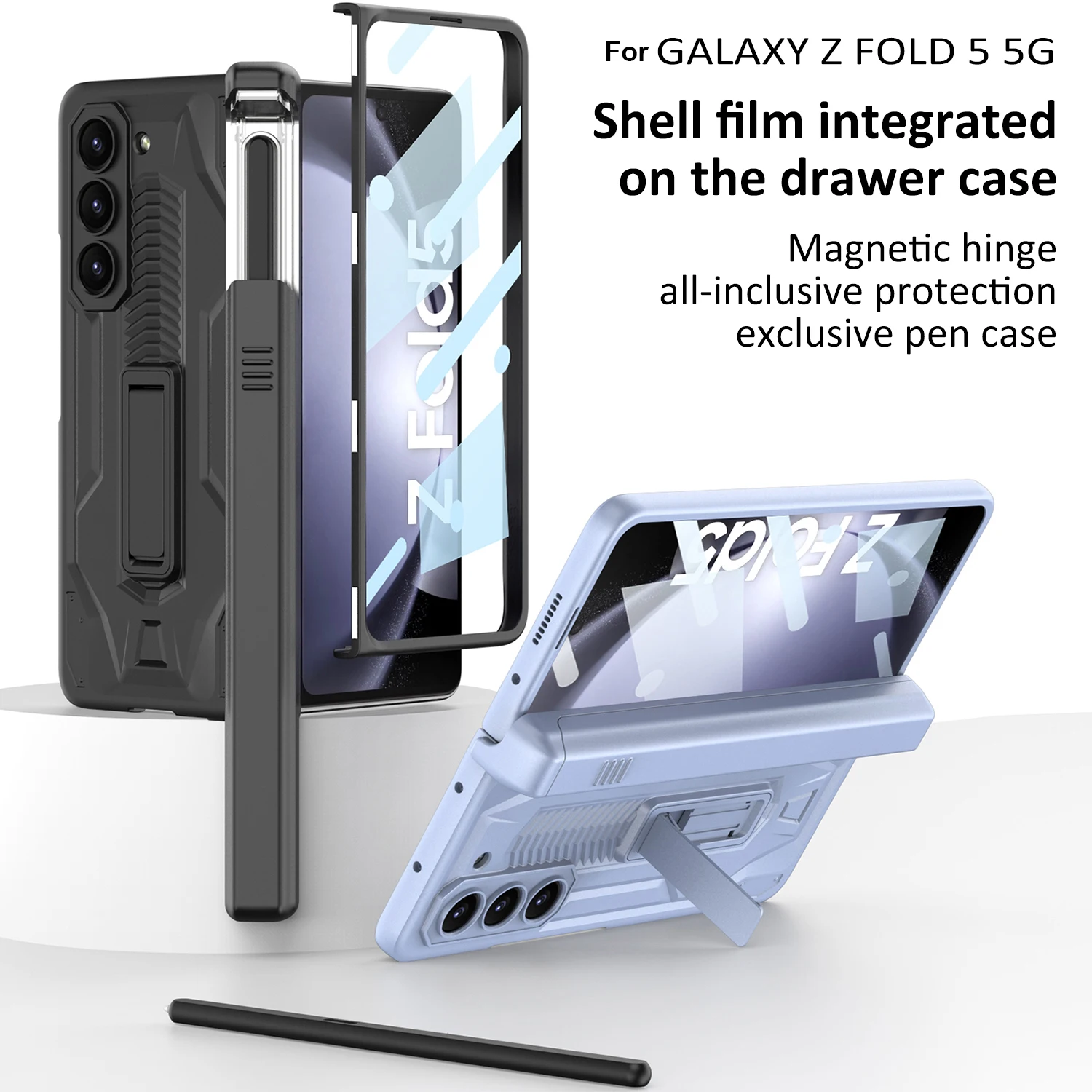 

With S Pen Holder For Samsung Galaxy Z Fold 5 Case Hinge Magnetic Fold 4 3 Rugged Armor Kickstand Full Screen Protector Cover