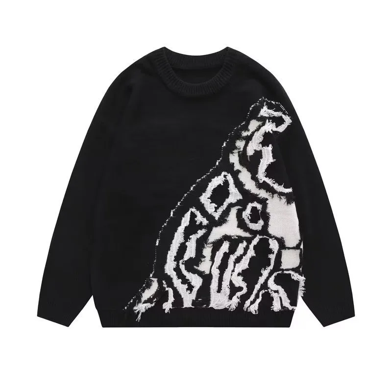 Korean Version of Trendy and Hollow Out Hole Crew Neck Sweater Y2k Autumn and Winter Couple's Hip-hop Contrasting Color Pullover