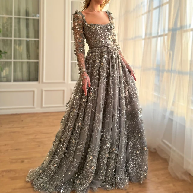 Luxury 3D Flower Gray Long Sleeves Evening Dresses for Women Wedding Party Elegant Arabic A-line Formal Gowns 353 1