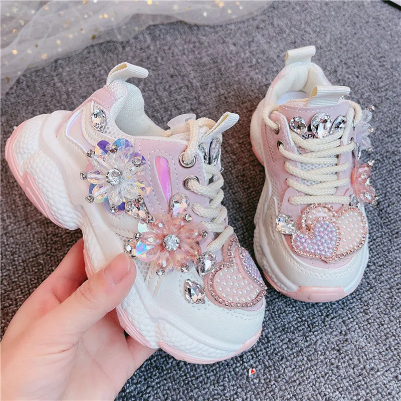 Kids Girls Sneakers Spring Casual Running Sports Trainers Breathable Flats Pearl Diamond