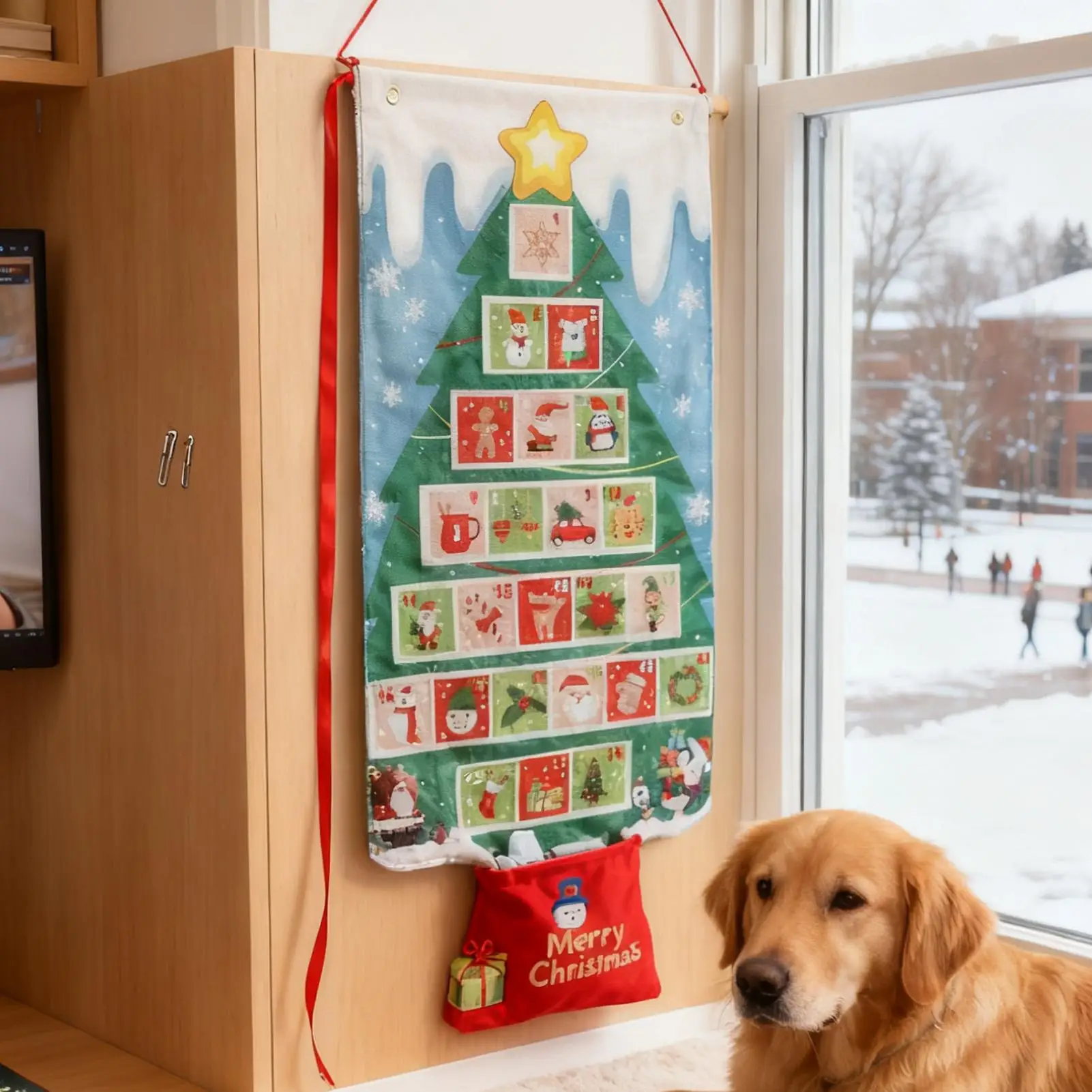 Fabric Hangable Storage Bag Christmas Advent Calendar Christmas Countdown Calendar with 24 Pockets for Home Living Room Decor