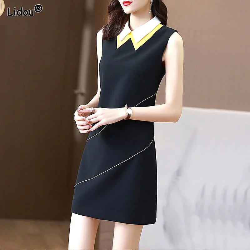 

Elegant Fashion Casual Pullovers Skinny Solid Color Splicing Creative Turn-down Collar Dresses Summer Thin Women's Clothing 2023