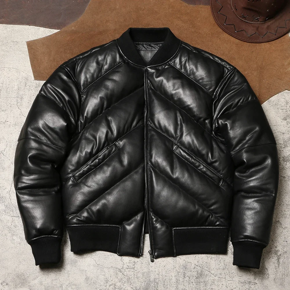 

Sheepskin Down Jacket Hong Kong Style Wide Version Short Leather Coat Duck Down Baseball Uniform Leather Coat