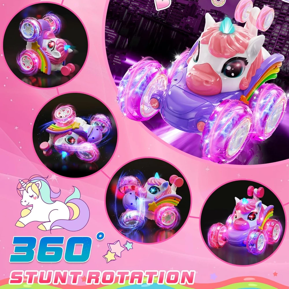 Unicorn Remote Control Car for Girls, RC Stunt Car with Cute Lights, 360° Rotating Double-Sided 4WD, Birthday Gift for Kids 2