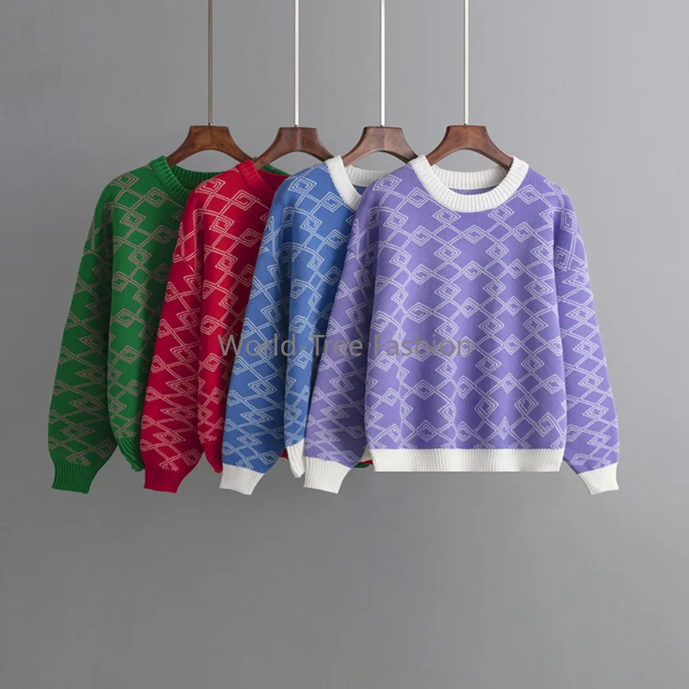 

Jacquard Long Sleeve Sweater Women Autumn/Winter Loose Sweet Pullover Versatile O-Neck Westernized Tops Regulai Fit