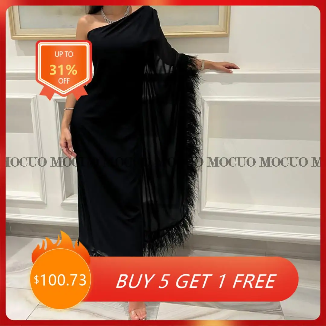 

Vintage Long Black Evening Dresses With Feathers Chiffon One Shoulder فساتين السهرة Muslim Ankle Length Party Dresses for Women