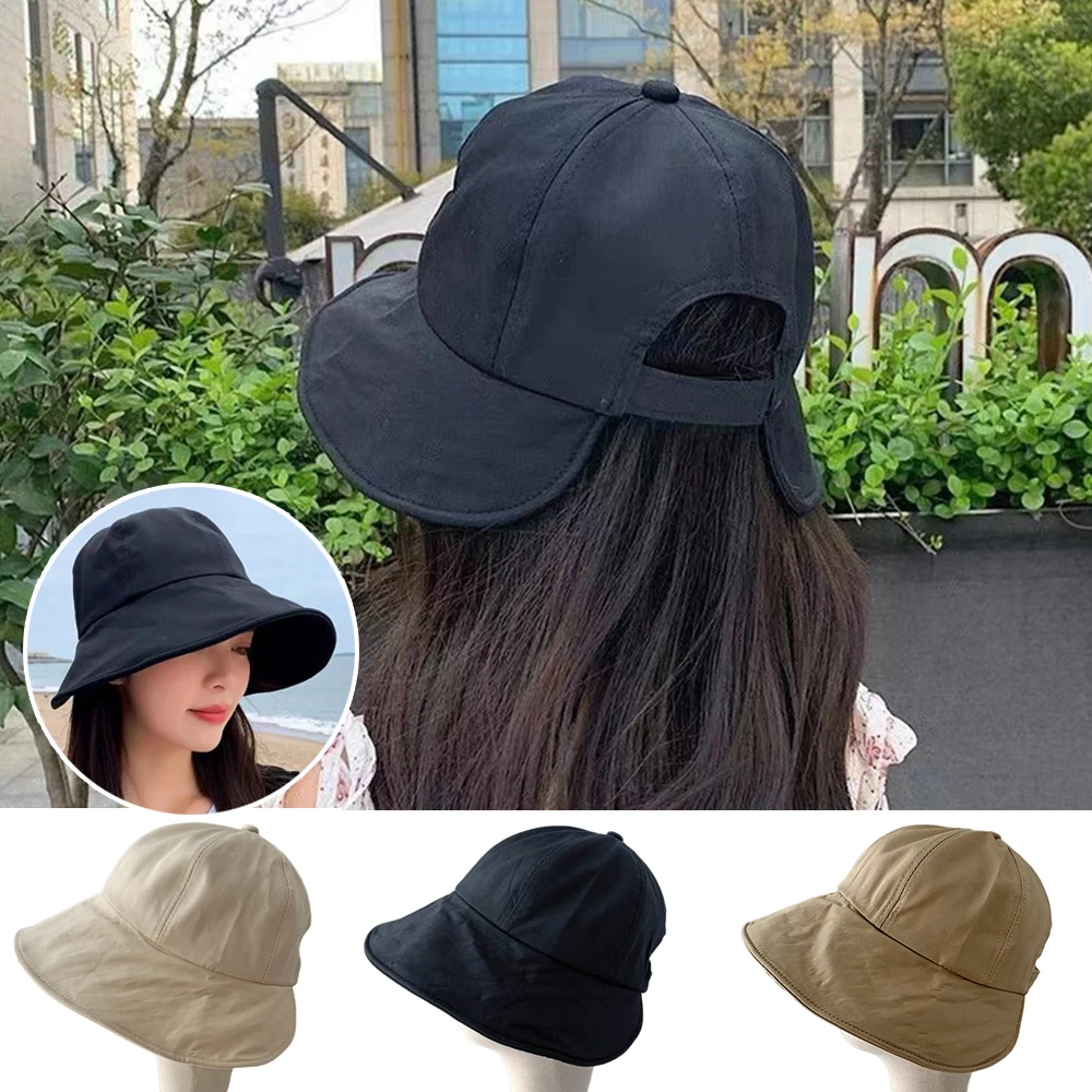 

Women Summer Cotton Sun Protection Hat Ponytail Bucket Hat Outdoor Beach Adjustable Sun Visor Hats Solid Foldable Fisherman Cap