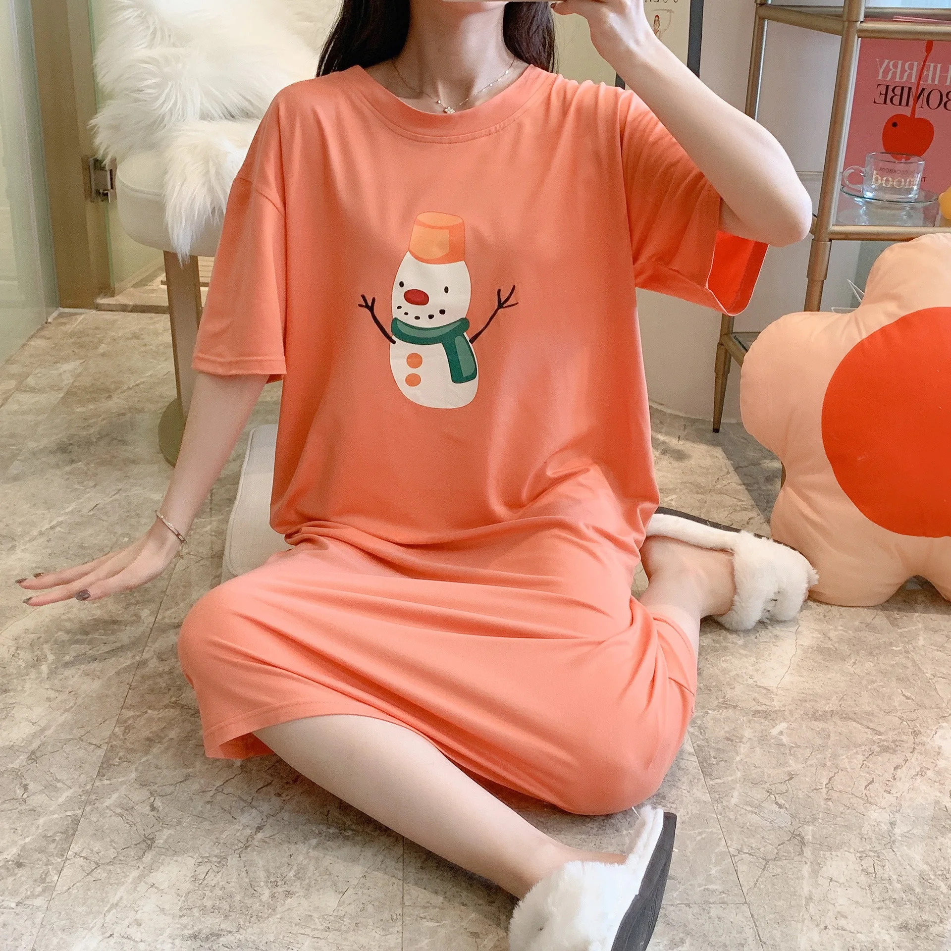 Women Nightgowns Cotton Nightdress Print Sleepdress Home Clothes Nightwear Short Sleeve Sleepwear Loose Soft O-Neck Homewear
