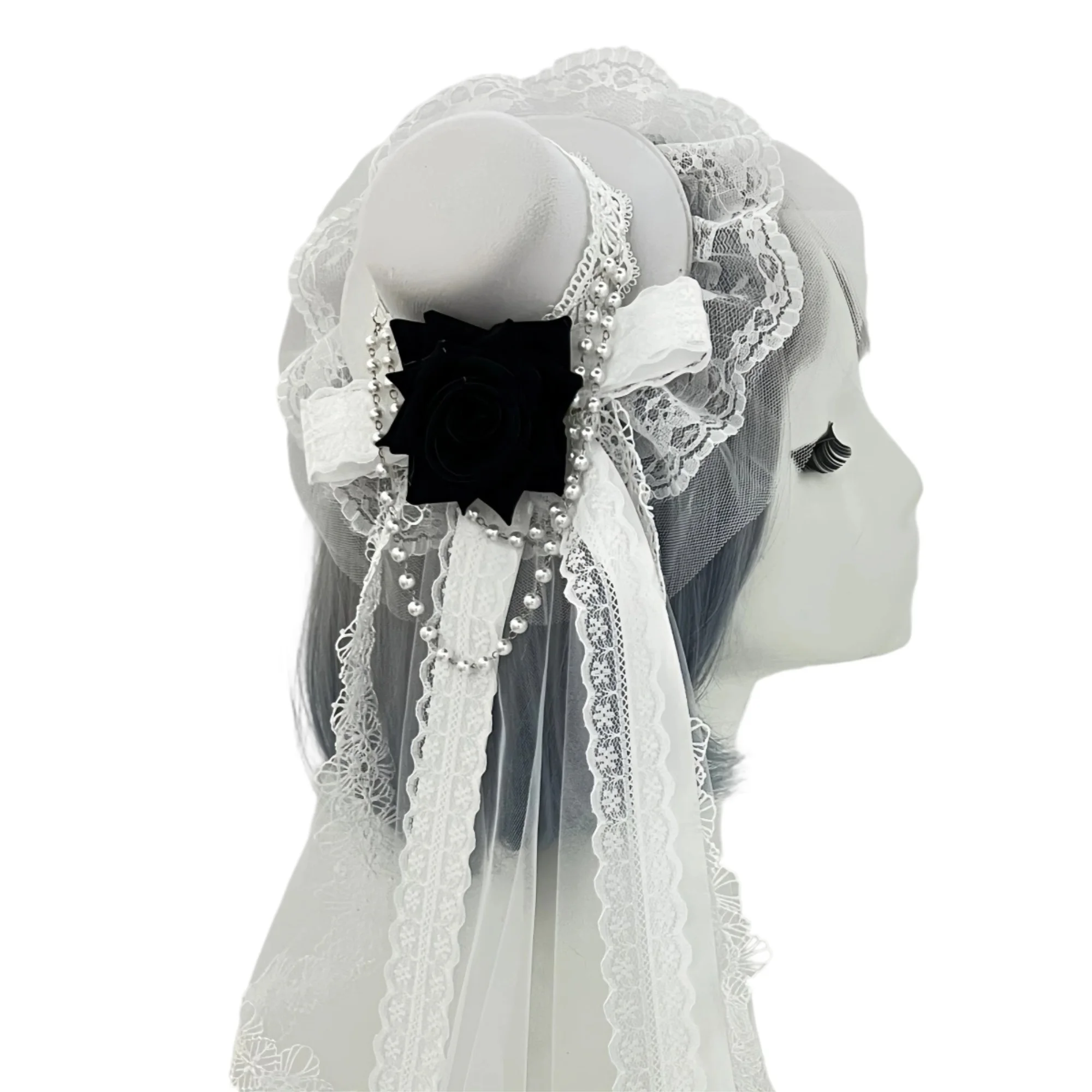 Gotischer Mini-Zylinderhut mit Clip und Rosenketten, Vintage-Haaraccessoires für Damen, für Teeparty, Halloween, Bühne, Lolita-Fedoras – Detail 1