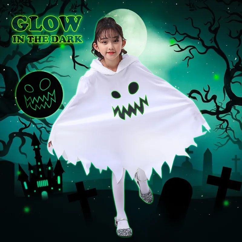 

Child Noctilucent Scary Smiling Ghost Cloak Hood,Kids Boys Girls Grimace Spooky Smile Cape Elf Cosplay Poncho Halloween Costume