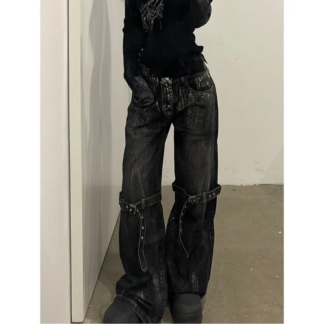 Jean noir taille haute pour femmes, pantalon droit Hip Hop à la mode, Streetwear Harajuku Y2K Star 2024, pantalon en Denim à jambes larges 3