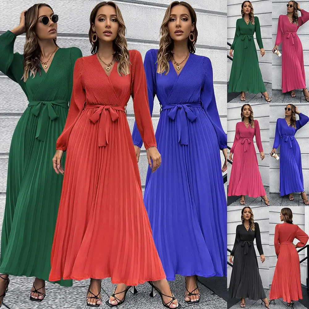 

Women Spring Long Sleeve V Neck Dresses Wedding Guest Casual Pleated Midi Clothes Ruffle A-Line Chiffon Wrap Long Dresses