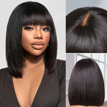 3X1 Middle Part Lace Wig Bob Wigs 180% Density Straight Wig With Bangs Brazilian Virgin Human Hair Short Bob Human Hair Wigs