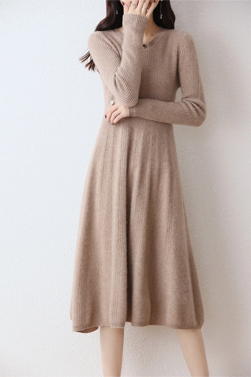 

100% Merino Knitted Wool Sweater Traf Official Autumn And Winter New Women's Striped Round Neck Dress Pleated Skirt