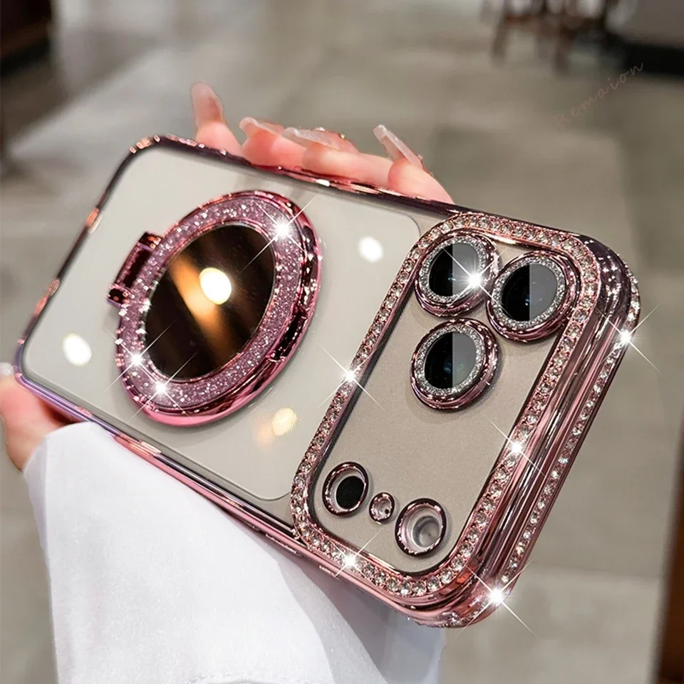 Diamond Mirror Magnetic Glitter Transparent Phone Case with Magsafe Compatibility