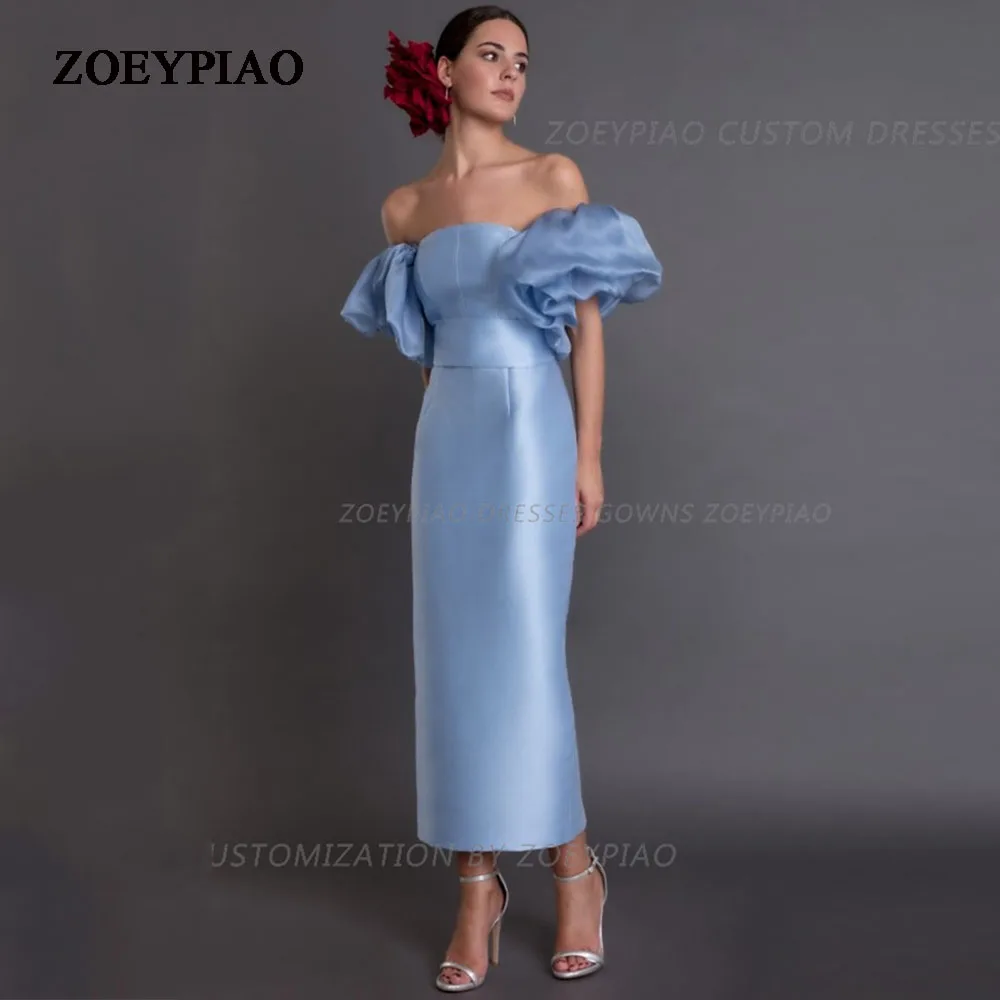 

Elegant Blue Neckline A-Line Pleated Simple Party Dress Satin Short Sleeves Formal Ankle Length Formal Evening Prom Gown