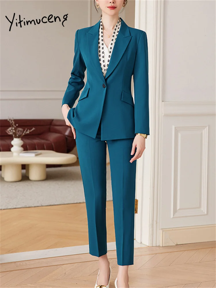 Yitimuceng Blue Suits for Women 2023 Fashion Long Sleeve Office Lady Single  Button Blazer Chic High Waisted Pants 2 Piece Set