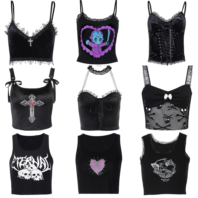 Harajuku Grunge Corset Crop Top Lace Trim Sleeveless Tank Top E Girl Gothic Black Emo Alt Clothes Y2k Punk Vest Women Streetwear Tanks Camis Aliexpress