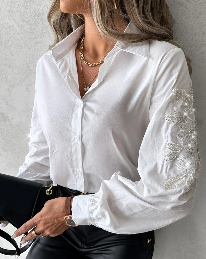 2024 Women's Leisure Commuter Interview Professional Lantern Sleeves Flower Sequin Embroidered Ribbed Top