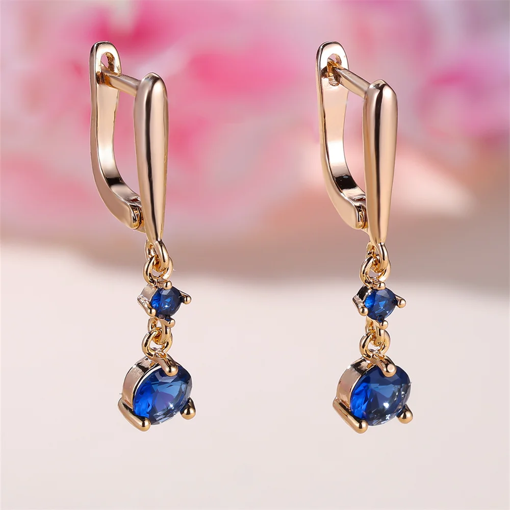 Blue Crystal Small Round Stone Pendant Hoop Earrings For Women Vintage Gold Color Ear Buckle Wedding Jewelry Engagement Gifts