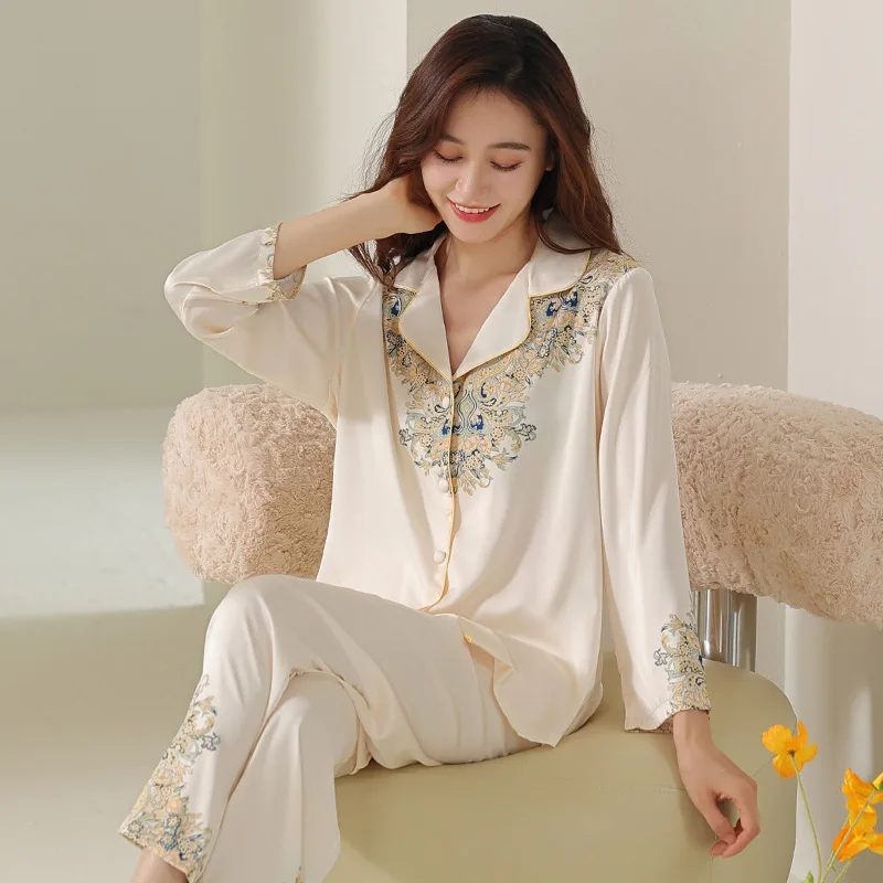 Spring Summer Women's Thin Ice Snow Silk Pajamas Set Long Sleeve Pants Loose Simulation Silk Home Suit Luxury Printing Sleepwear