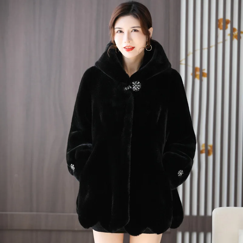 

Thick Mink Fur Coat for Women, Warm Winter Coat, Temperament, Medium Length, Mother Fashion, 2