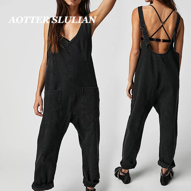 

New 2023 Women V-neck Pocket Sling Adjustable Strap Denim jumpsuits Casual Trendy Sleeveless Loose Clothing Jeans Baggy Pants