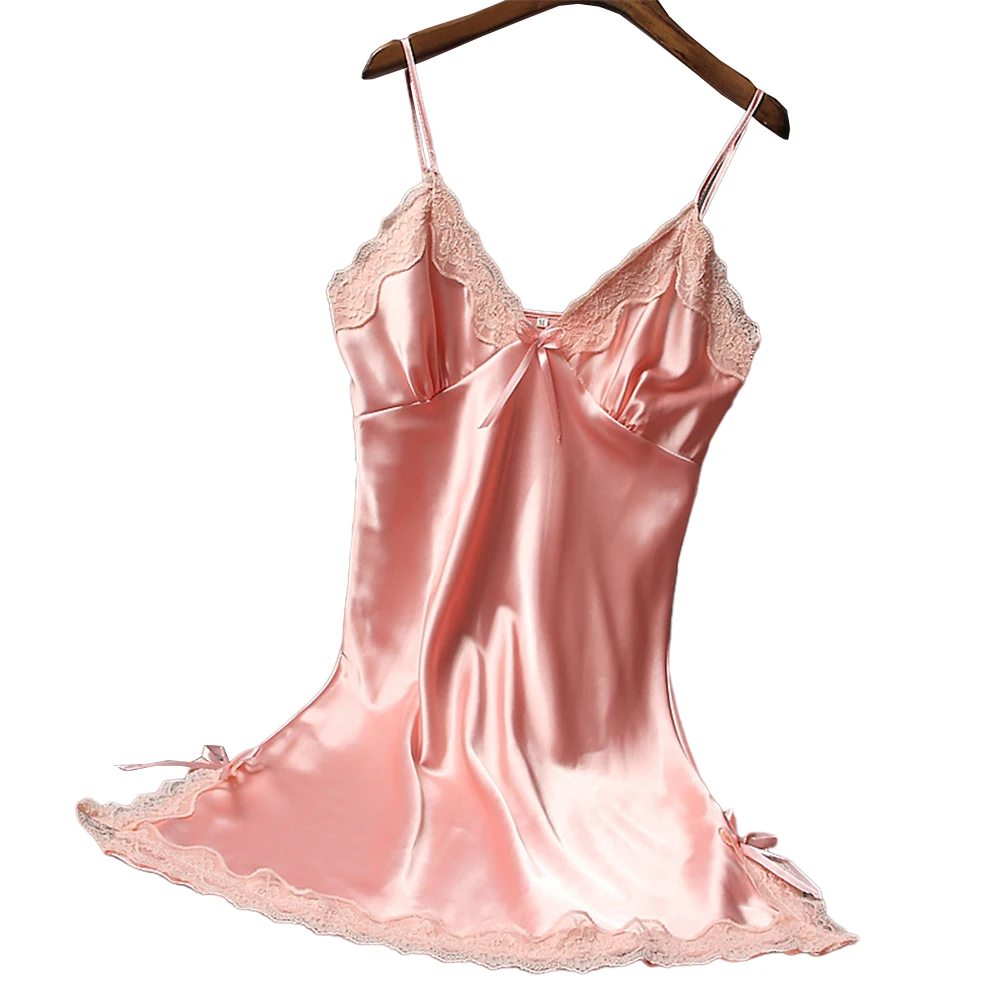 

Sexy Women Satin Lingerie Nightgowns Soft Nightdress Lace Edge Sling V Neck Glossy Sleepwear Underwear Lady Wrap Dress Clothing