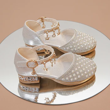 Girls High Heeled Shoes for Wedding Party Glitter Rhinestone Pendants Shiny Glitter Fashion Princess Kids Leather Dress Shoes 1