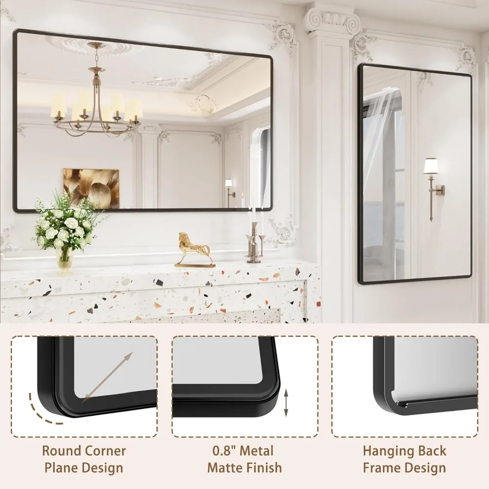 New Upgrade 55X36 Inch Wall Mounted Bathroom Mirror, Black Metal Frame Rounded Rectangle Mirror, Bathroom Vanity Mirror