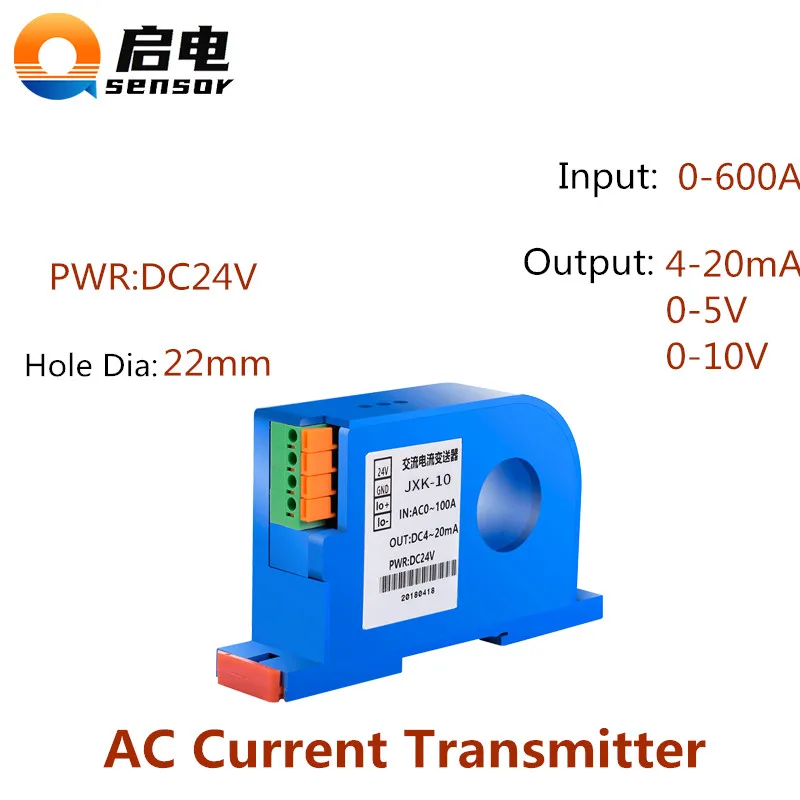 

22mm Hole AC Electric Current Sensor Transmitter 10A 20A 50A 600A Input 0-10V 4-20mA Output Transducer Converter DC24V Power