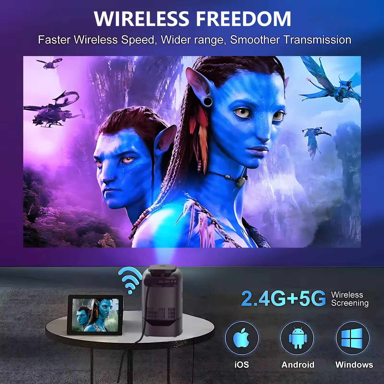 내장 스탠드가 있는 TS1 휴대용 프로젝터, 네이티브 1080P, 안드로이드 4K 지원, WiFi 블루투스, 홈 시네마, HDMI, USB