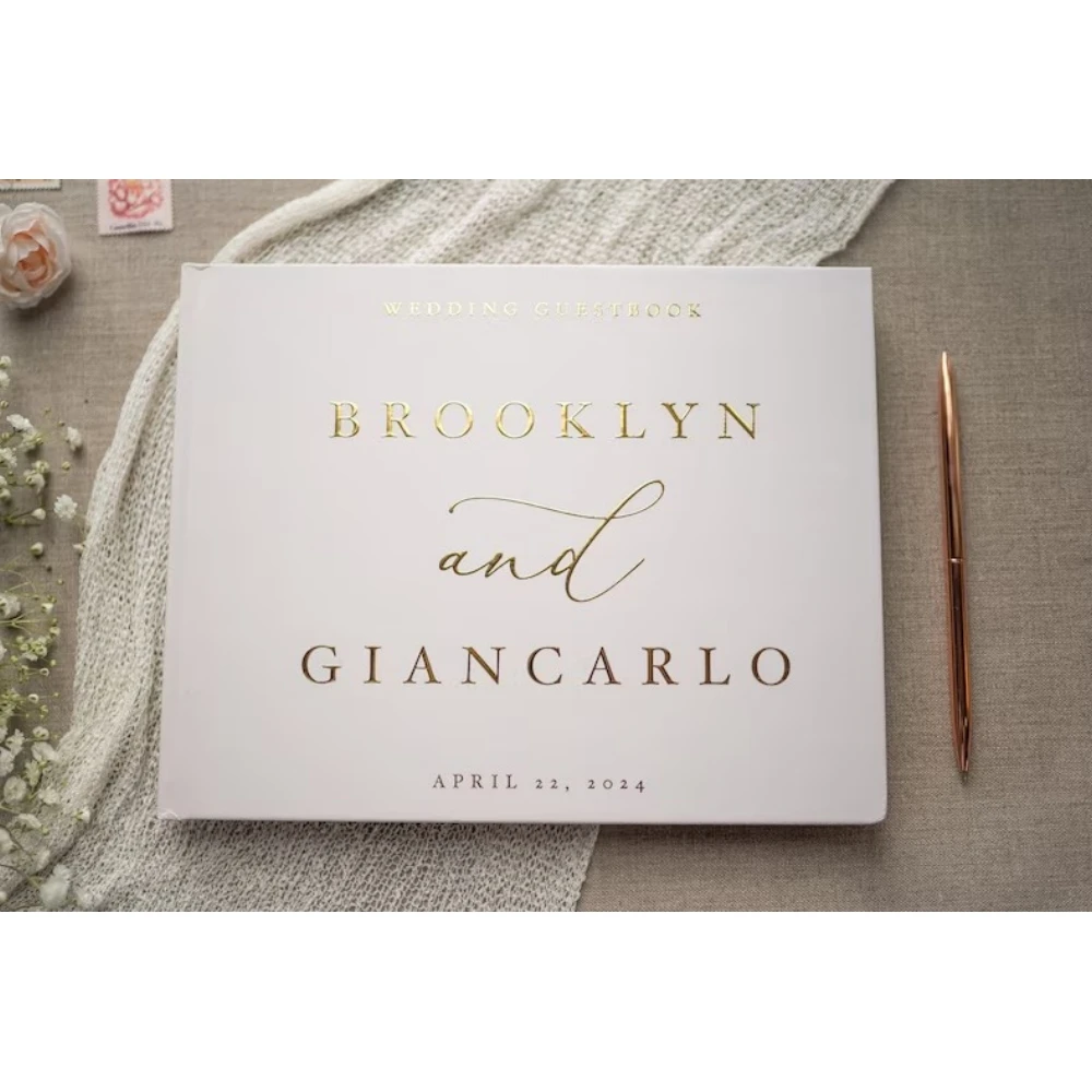 

Custom Gold Foil Guestbook • Modern Wedding Guest Book • White Photo Book • Hardcover Wedding Album • Horizontal Keepsake Book