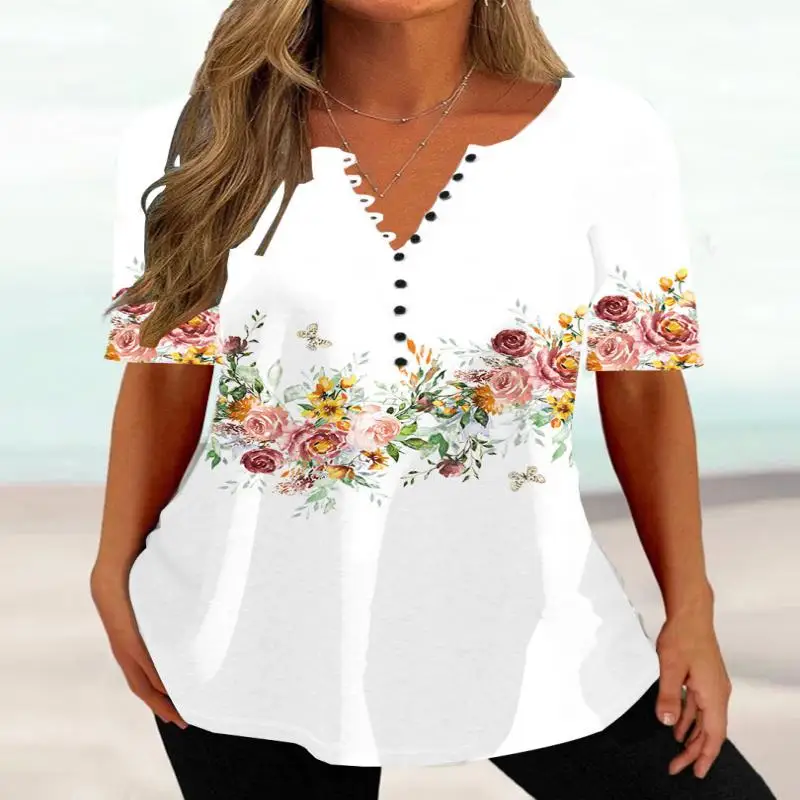 

Plus Size Women Half Sleeve V-neck Floral Printed Tops