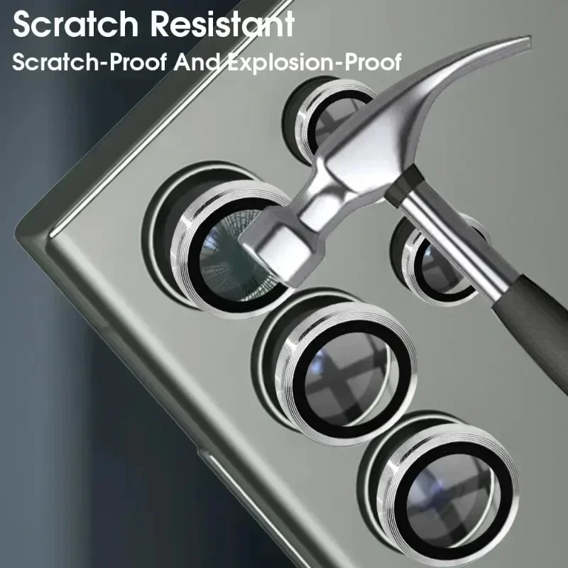 HD Clear 9H Tempered Glass Camera Lens Protector with Metal Ring Cover Films