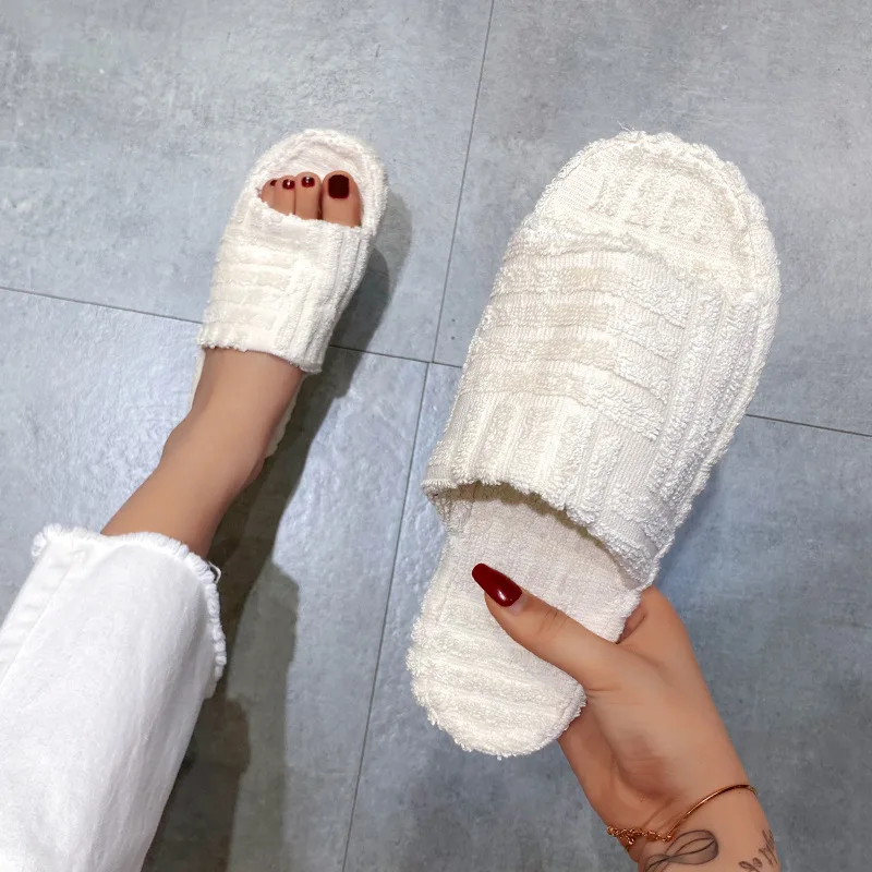2022 Women New Luxury One-word Thick-soled Warm Furry Women's Shoes Embossed Cotton Drag Outdoor All-match Casual Slippers
