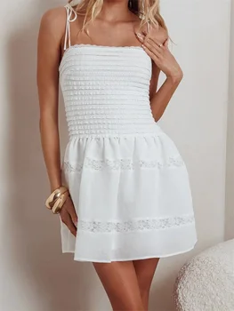 Women's Summer Slip Dress Sheer Lace Patchwork Sleeveless Tie Spaghetti Strap Backless Mini Dress 3