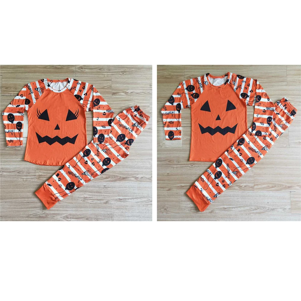 

Wholesale Adult men and women Halloween pumpkin striped long sleeves and pants matching pajamas set western hot sale outfits