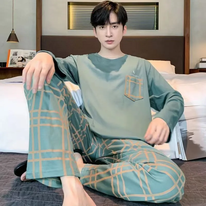 Men Spring Pajamas Long Sleeve Pajamas Plus Size Round Collar Home Wear Loose Casual Pyjamas Milk Silk Screen Print Nightdress