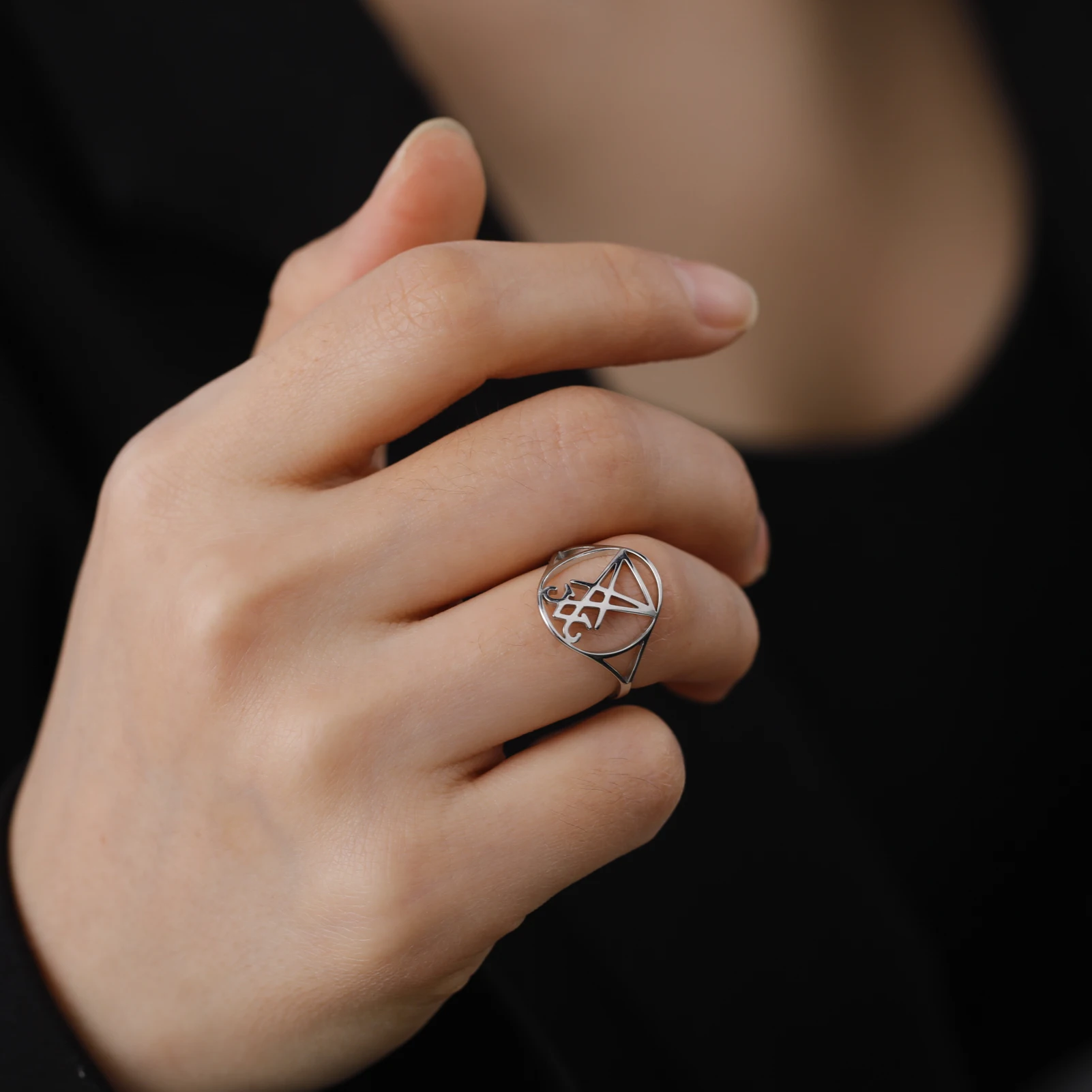 Lucifer Sigil Stainless Steel Ring with Leviathan Cross Amulet Design