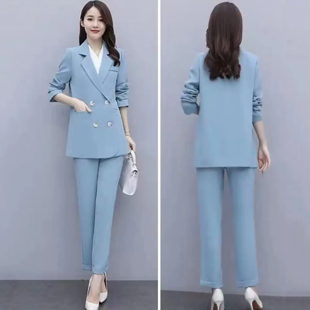 

Lapel Double-breasted Jacket Set Elegant Women's Business Suit Set with Double-breasted Coat High Waist Pants for Formal Office