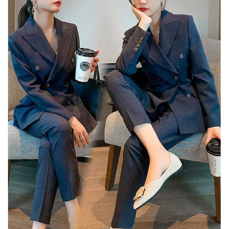 

Office Women Blazers Suits Women 2023 Spring Autumn Pants 2 Pieces Set Female Outfits Dark Gray Pocket Commuting Style Business