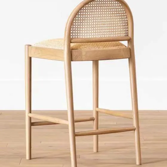 MORE DESIGN Wooden Coffee Cafe Shop White Cushion Armrest High Counter Dining Restaurant Wood Kitchen Bar Chair