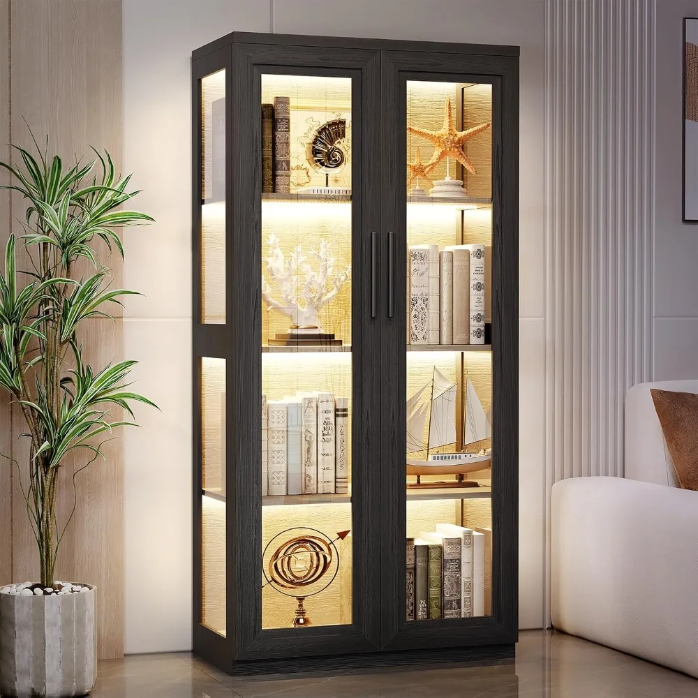 Glass Door Curio Cabinet with LED Lights, Motion Sensor, 4 Shelves for Collectibles Display, Black
