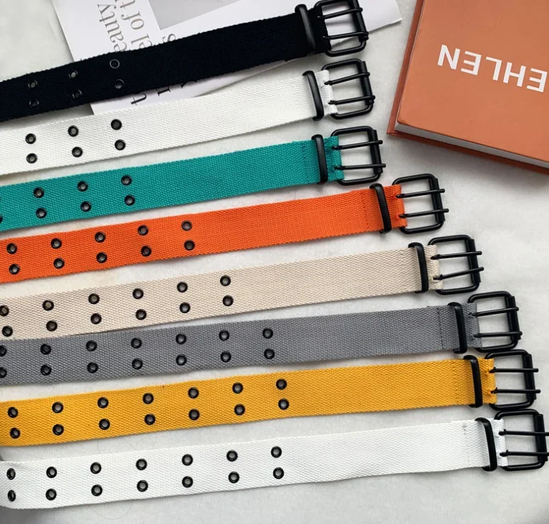 Fashion Contracted Style Double Grommet Hole Buckle Belt Wide Canvas Web Belt Female Male Waist Strap Belts for Women Men Jeans